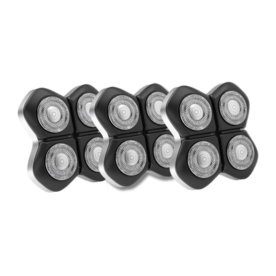 Four Freebird FlexSeries® Pro Blade Refills, featuring a Four-Blade System and circular blades, are arranged in a row on a white background for a smooth, irritation-free shave.