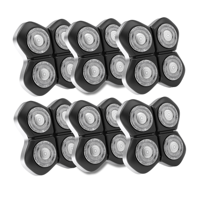 Seven Freebird FlexSeries® Pro Blade Refills, featuring a black and silver aesthetic and innovative spiral blade design, are arranged in a pattern, ensuring an irritation-free shave.