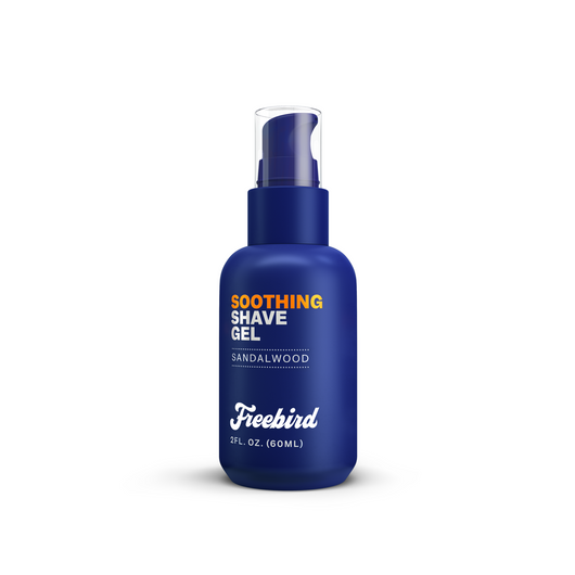 The Freebird Soothing Shave Gel, packaged in a blue bottle with a handy pump dispenser, features a sandalwood scent that provides an ultra-comfortable shaving experience in its 2 fl. oz. size, guaranteeing a flawless shave each time.