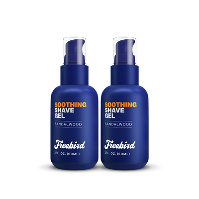 Two 2 fl oz bottles of Freebird Soothing Shave Gel in sandalwood scent for nourishing skin.
