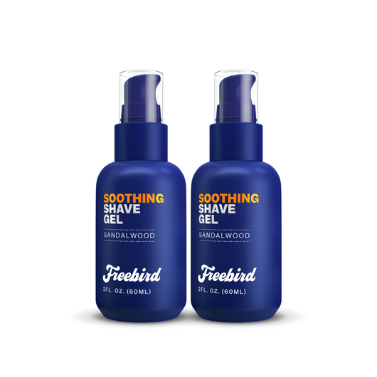 Two 2 fl oz bottles of Freebird Soothing Shave Gel in sandalwood scent for nourishing skin.